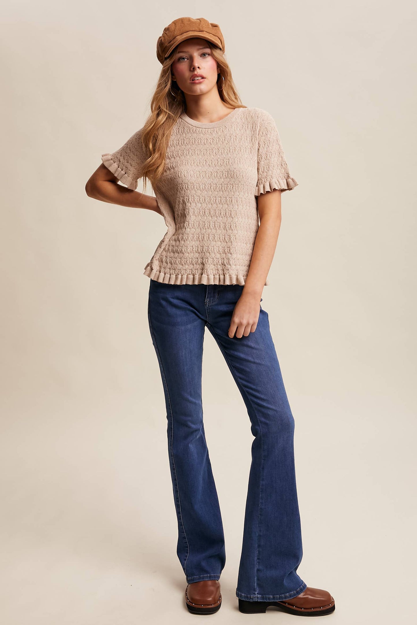 Raquel Ruffle Hem Textured Knit Top ~ Oatmeal