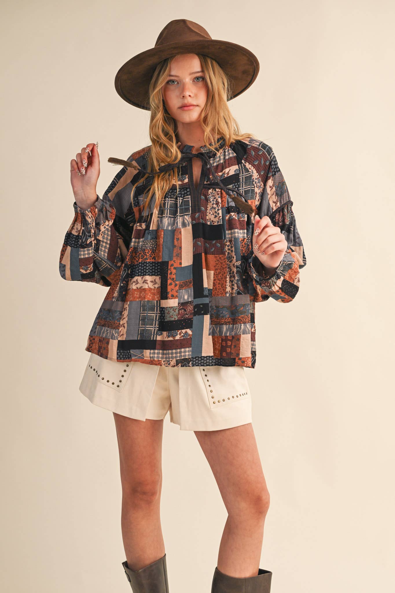 Layla Boho Patchwork Babydoll Top ~ Brown
