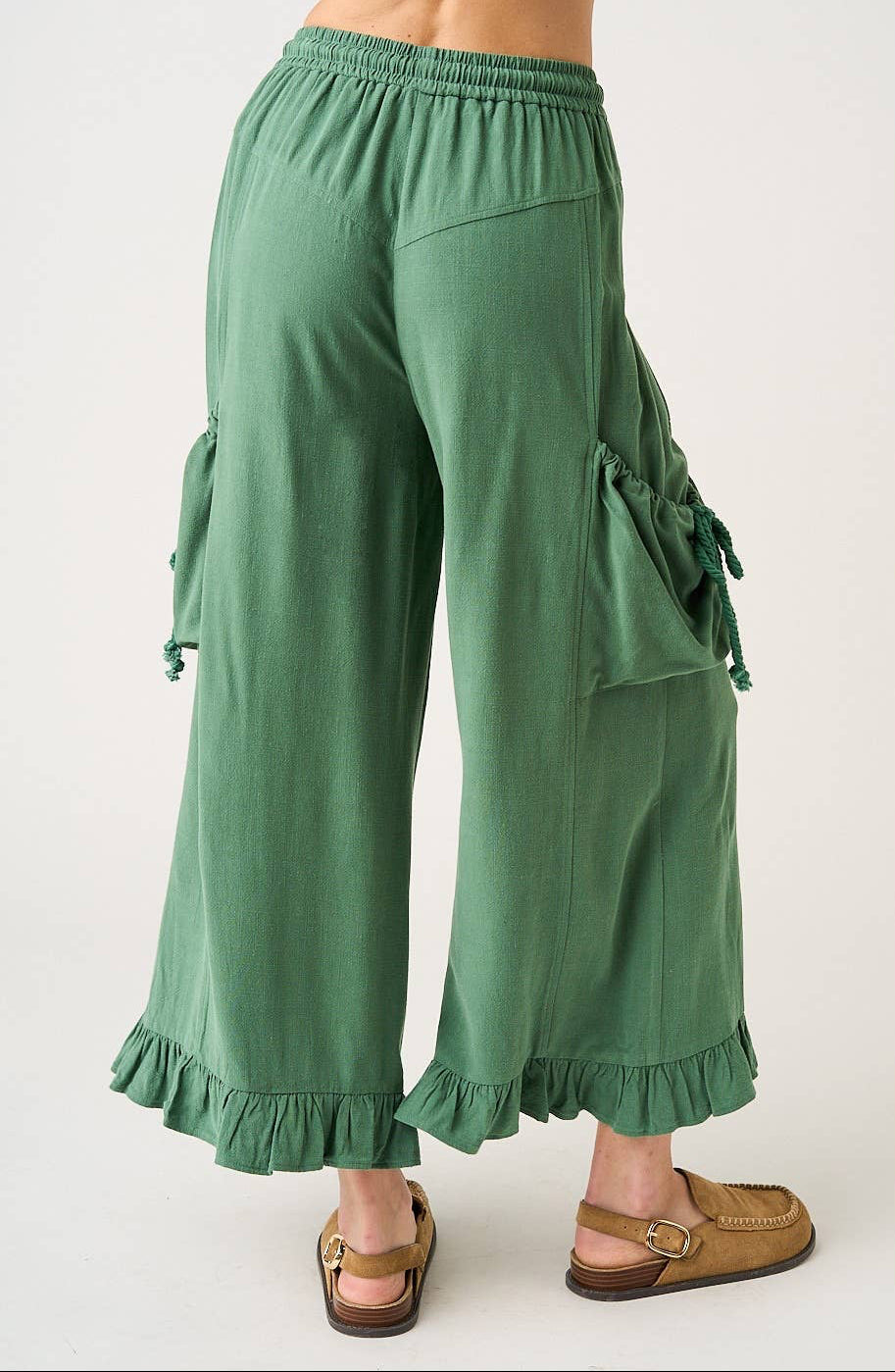 Rachel Ruffle Hem Drop Pocket Ankle Wide Leg Pants ~ Green