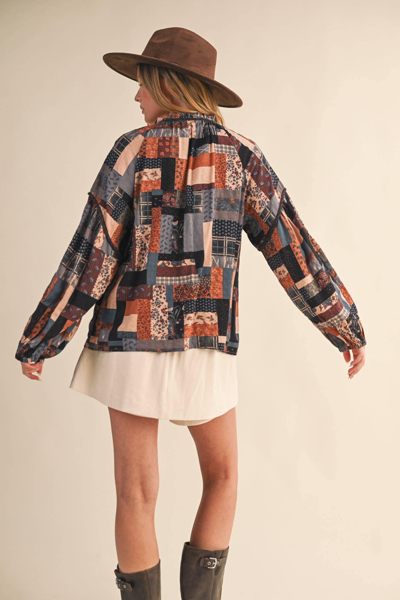 Layla Boho Patchwork Babydoll Top ~ Brown