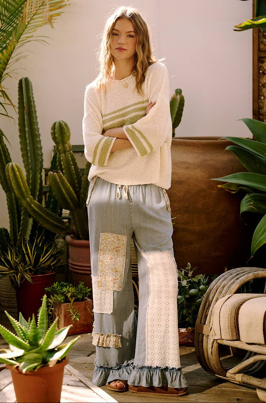 Washed Chambray Patchwork Wide Leg Pants ~ Light Denim