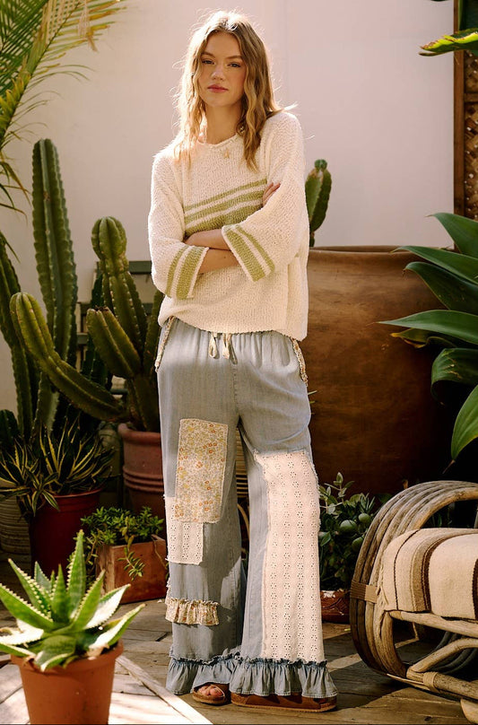 Washed Chambray Patchwork Wide Leg Pants ~ Light Denim