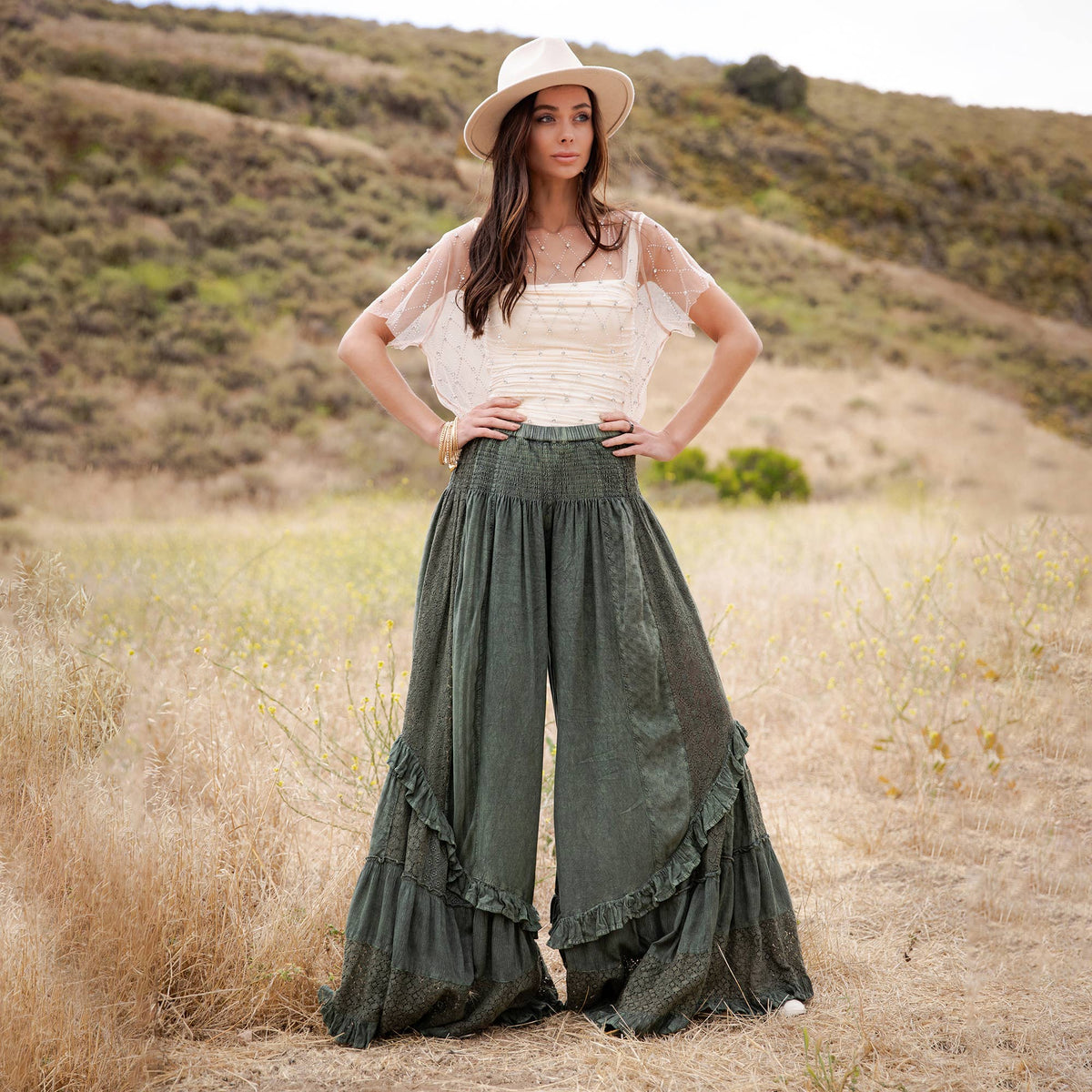Boho Smocked Mineral Wash Lace Tiered Ruffle Pants ~ Basil