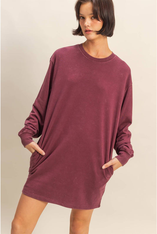 Mickie Mineral Washed Sweatshirt Dress ~ Dark Cherry
