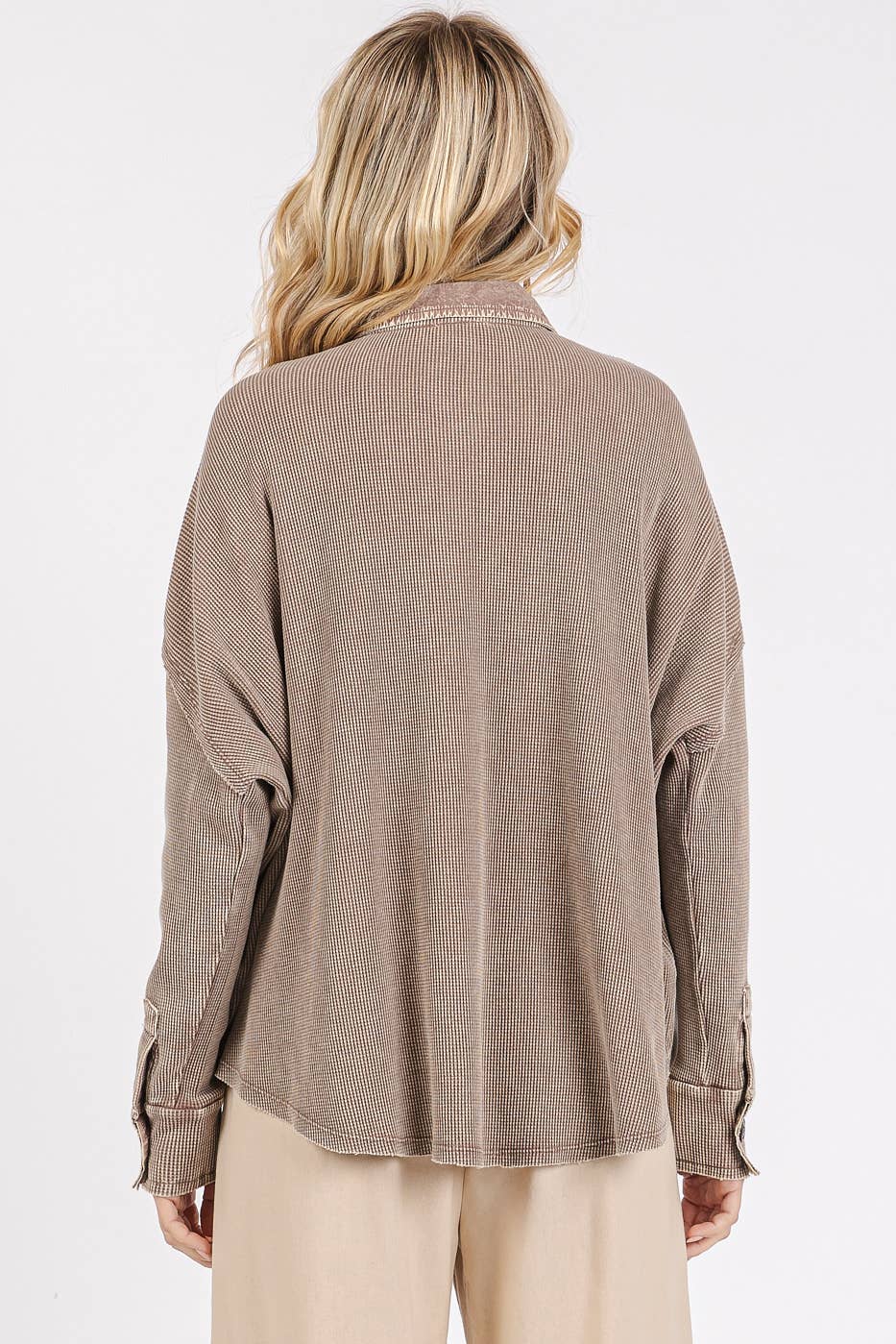 Henley Mineral Wash Waffle Knit Collared Top ~ Toffee