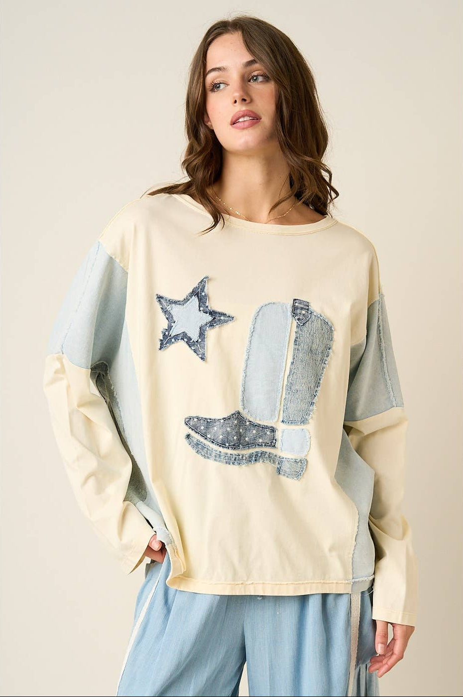 Demi Denim Star & Boot Patch Top ~ Cream