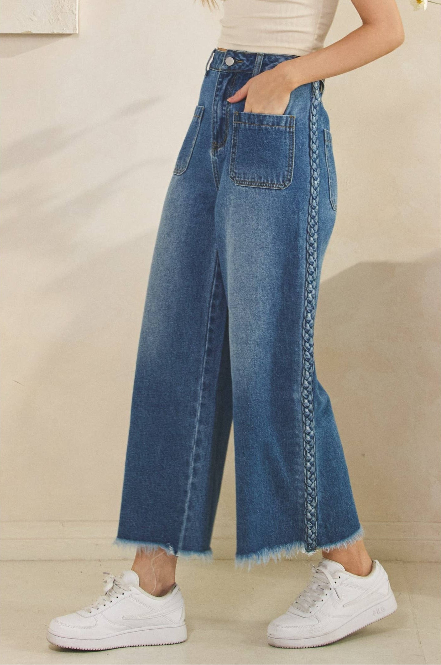 Brylee Braided Side Wide Leg Jeans ~ Dark Denim