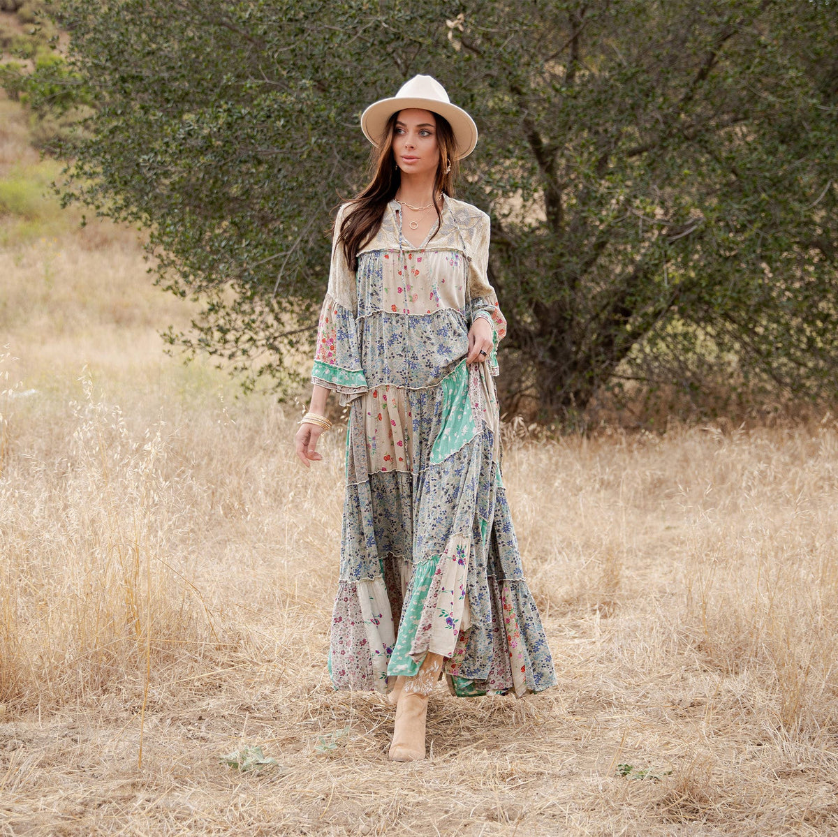 Jhabla Floral Patchwork Maxi Dress ~ Sand