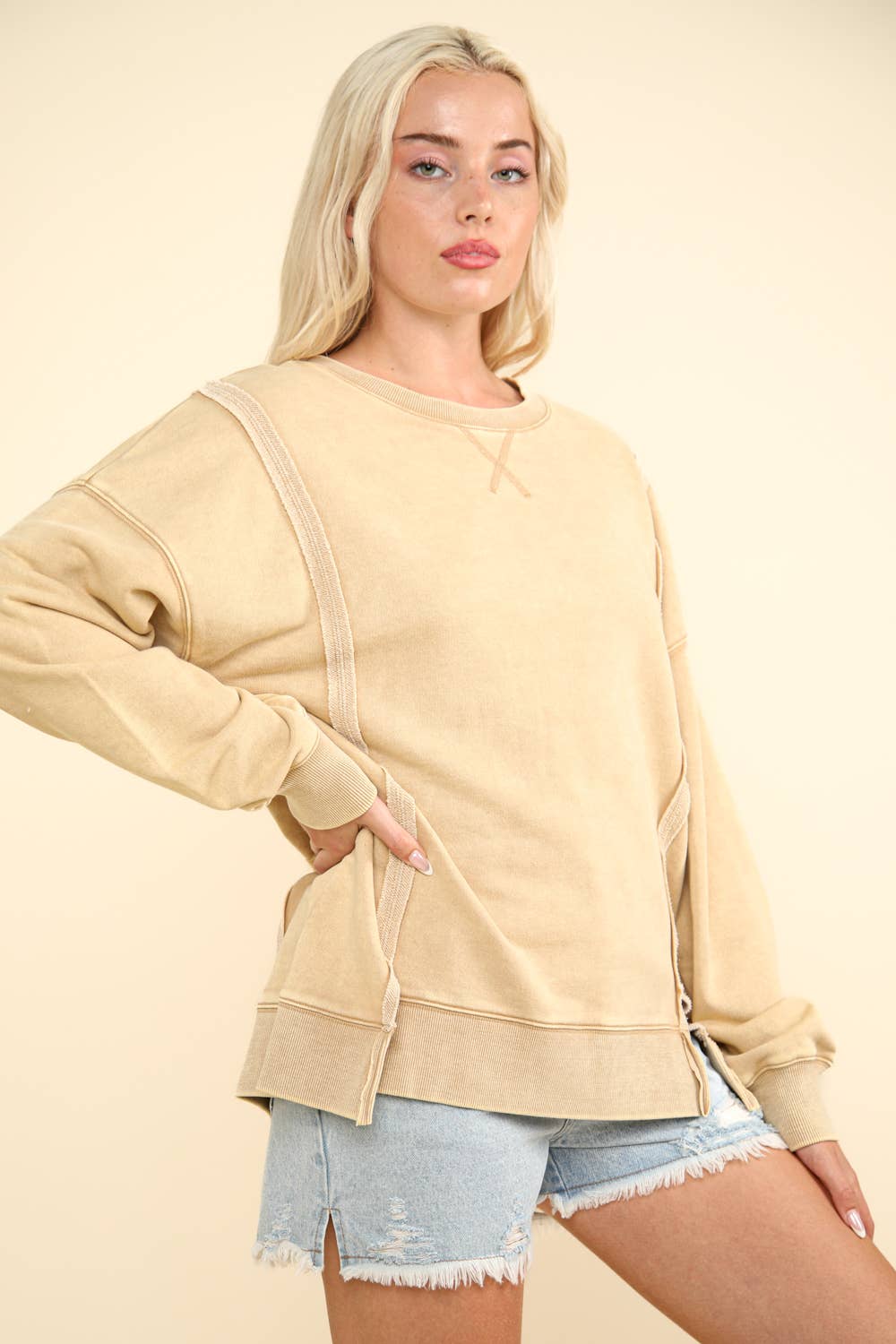 Mya Mineral Washed French Terry Oversized Knit Top ~ Olive