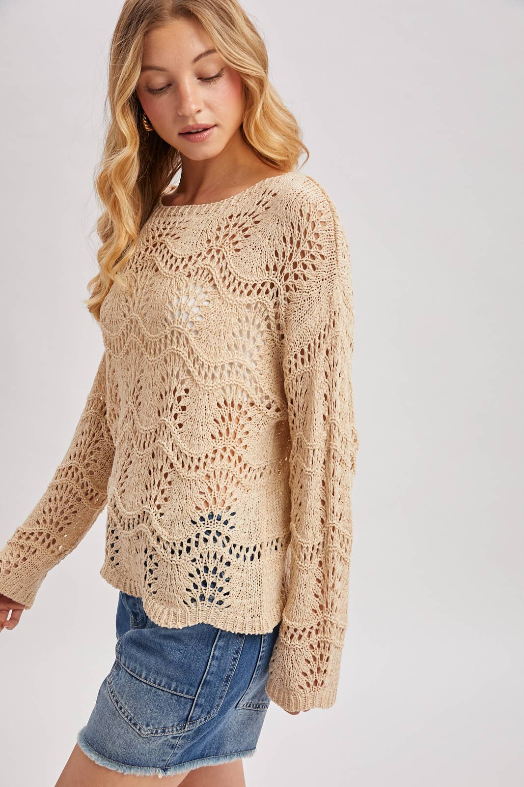 Sara Scalloped Hem Open Knit Sweater ~ Natural