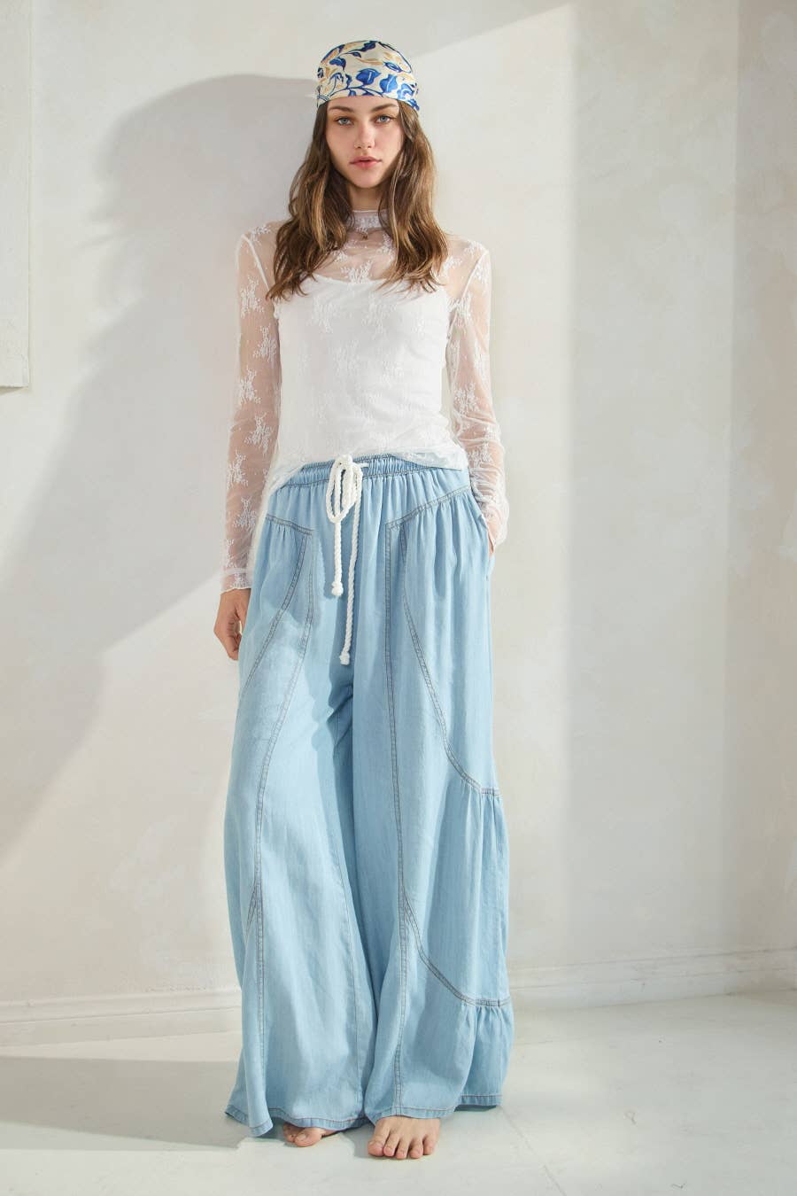 Carmon Chambray Wide Palazzo Pants ~ Light Denim