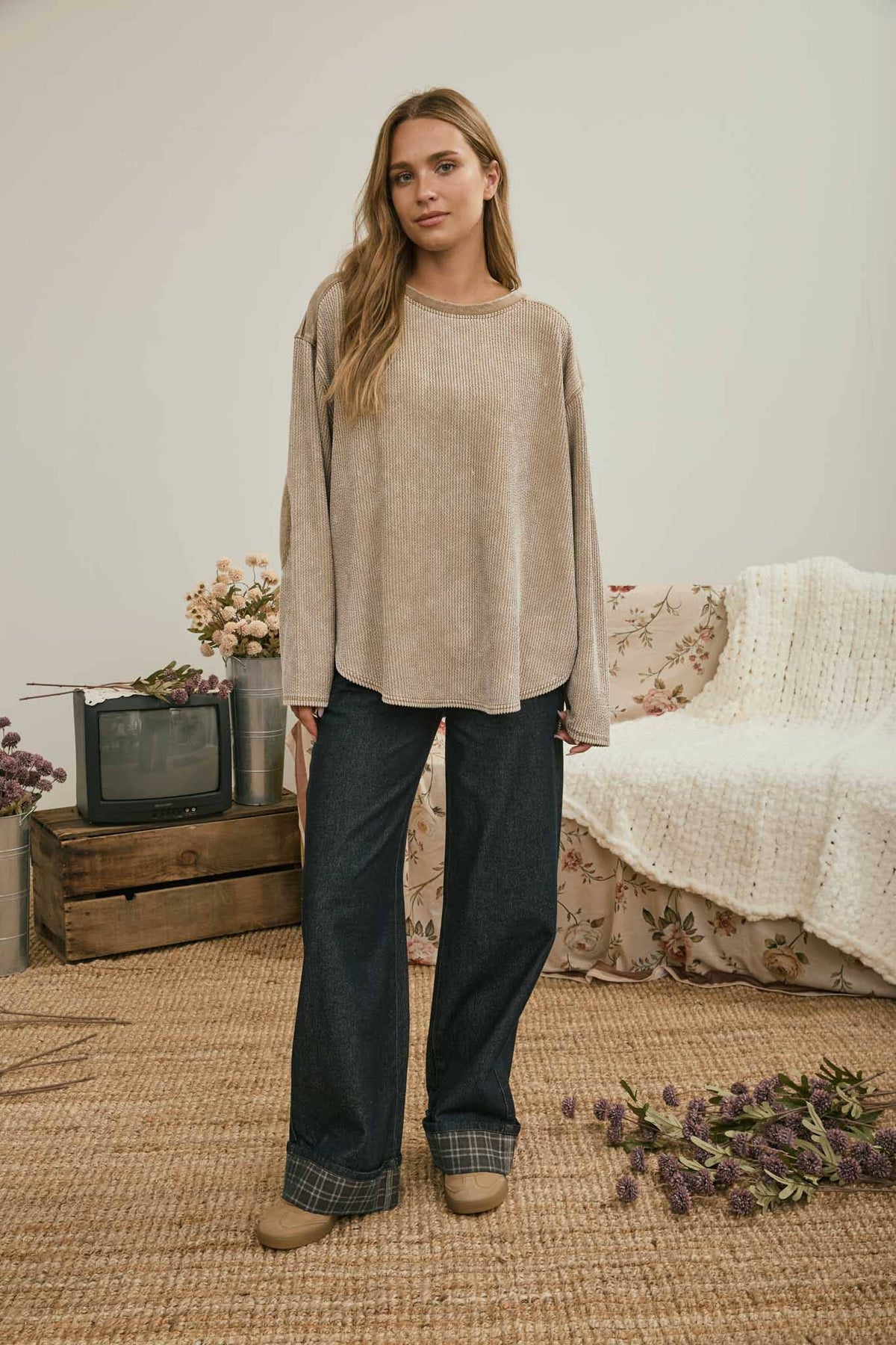 Brynn Boxy Textured Washed Knit Top ~ Mocha