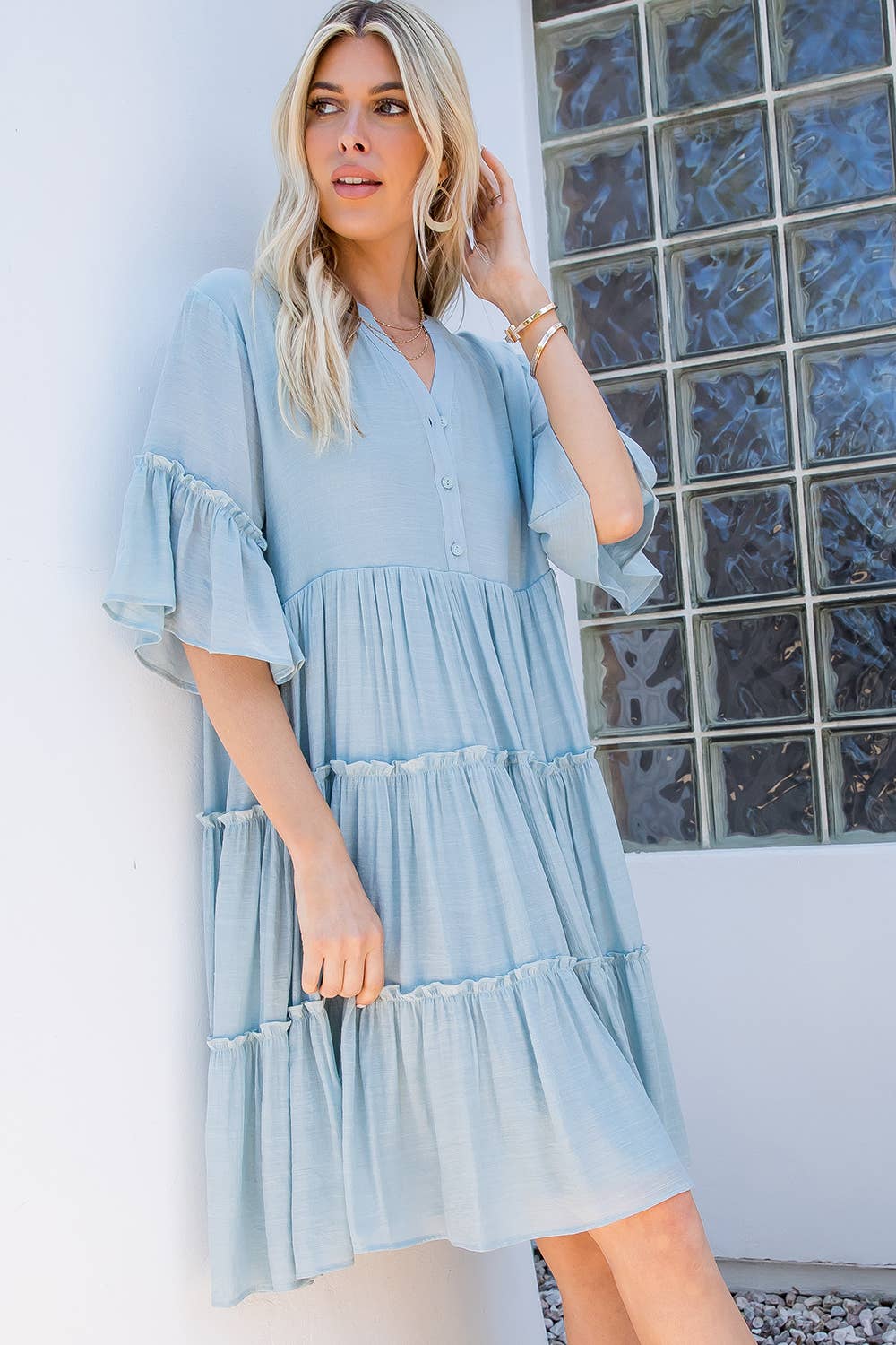 Theo Tiered Shirt Dress ~ Misty Blue