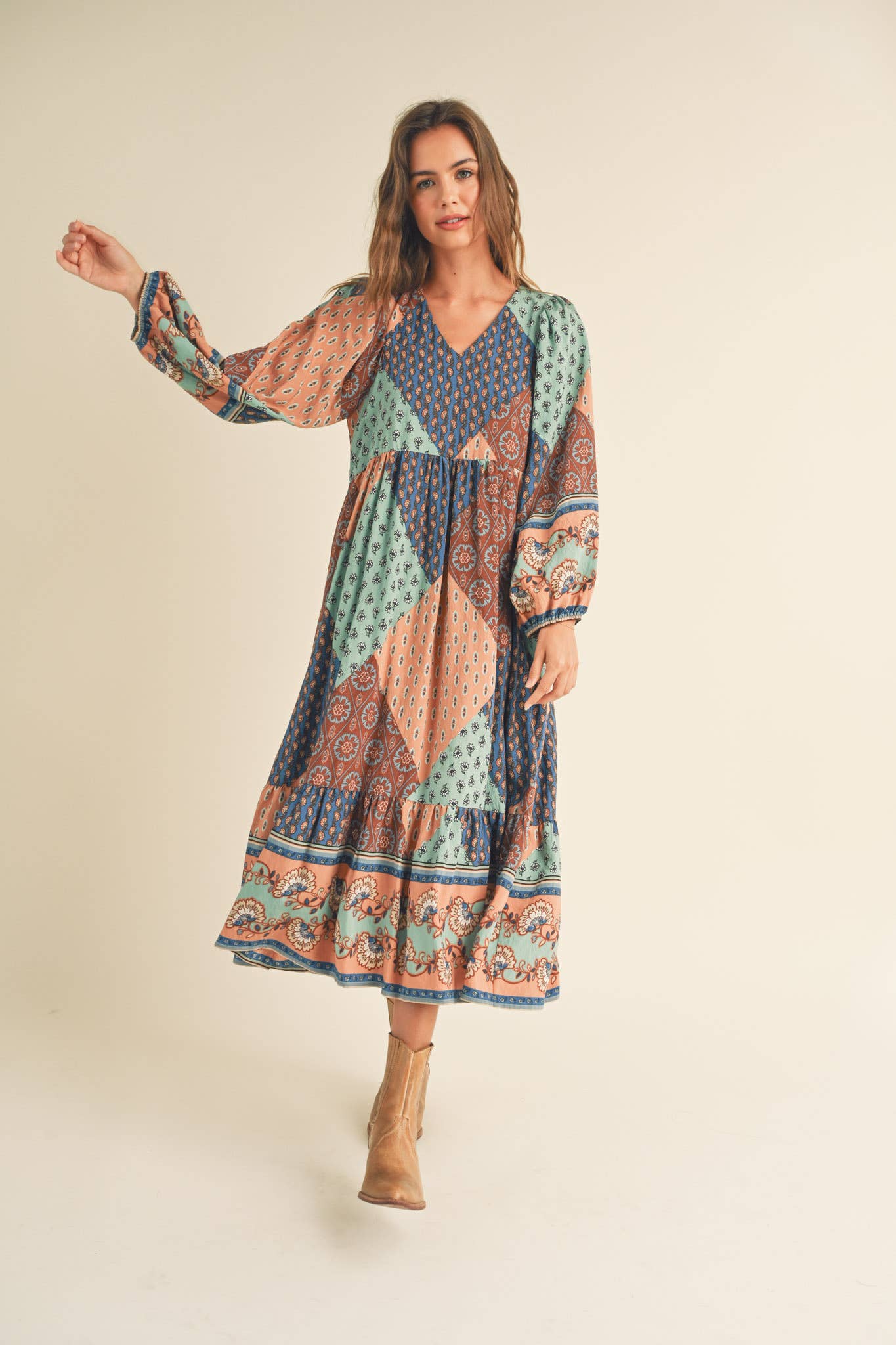 Amelia Border Print Balloon Sleeve Midi Dress ~ Multi