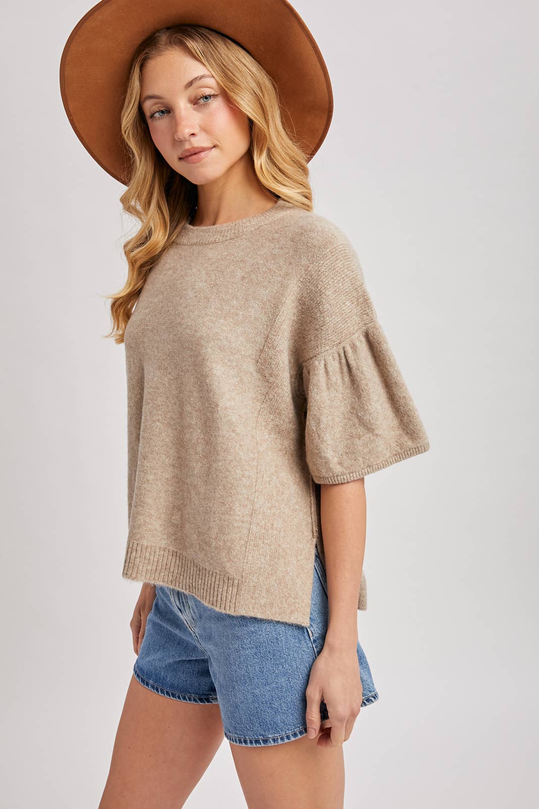 Gwen Gathered Boxy Knit Sweater ~ Latte