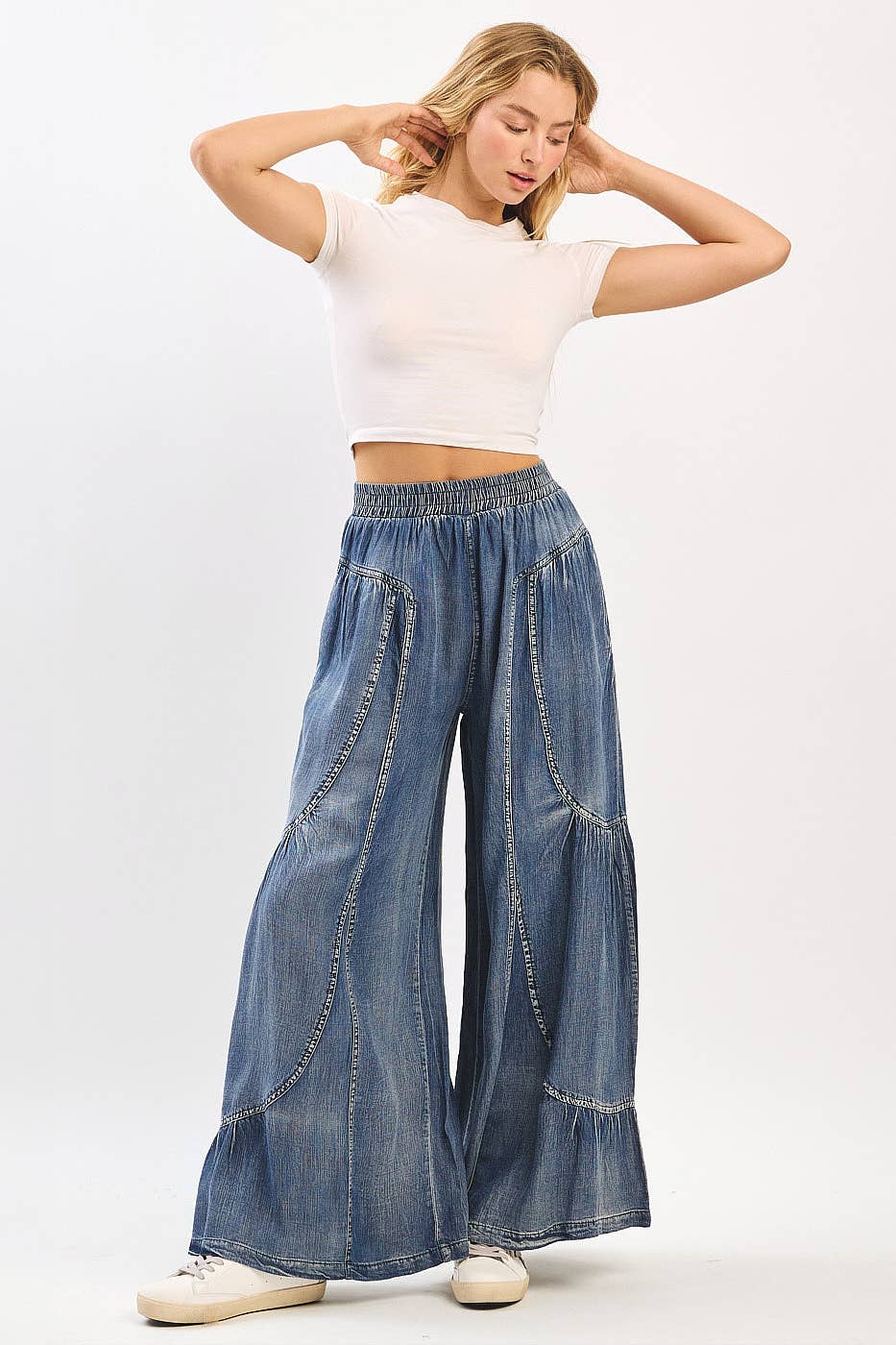 Katie Washed Chambray Wide Leg Pants ~ Dark Denim