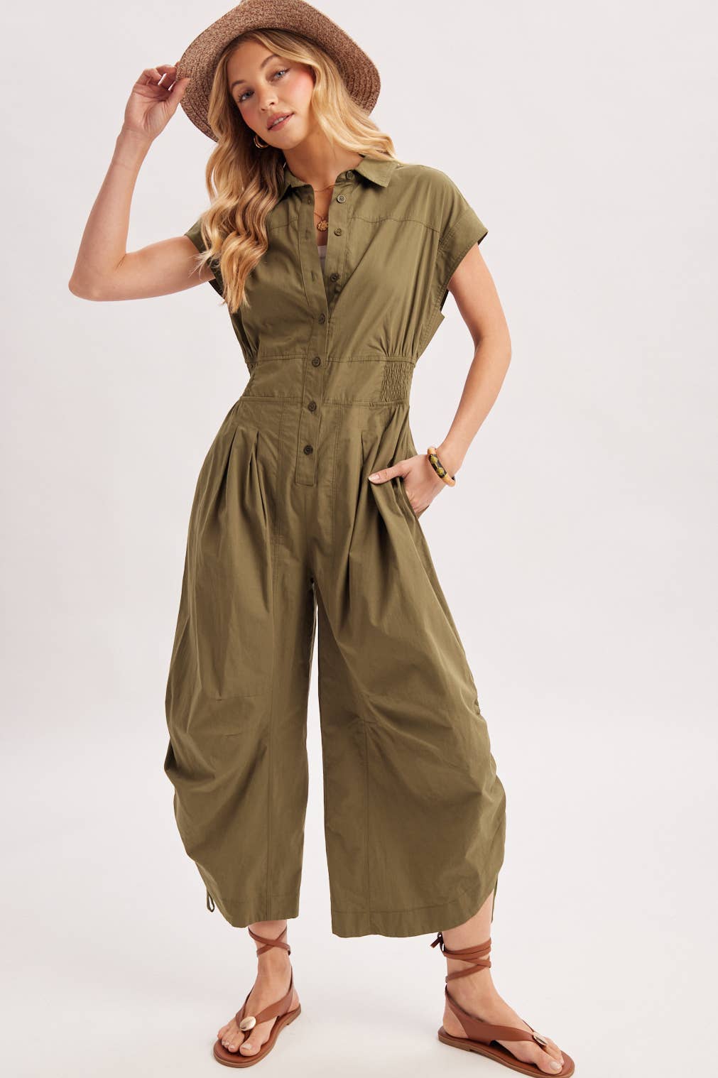 Megan Button Down Utility Jumpsuit ~ Olive