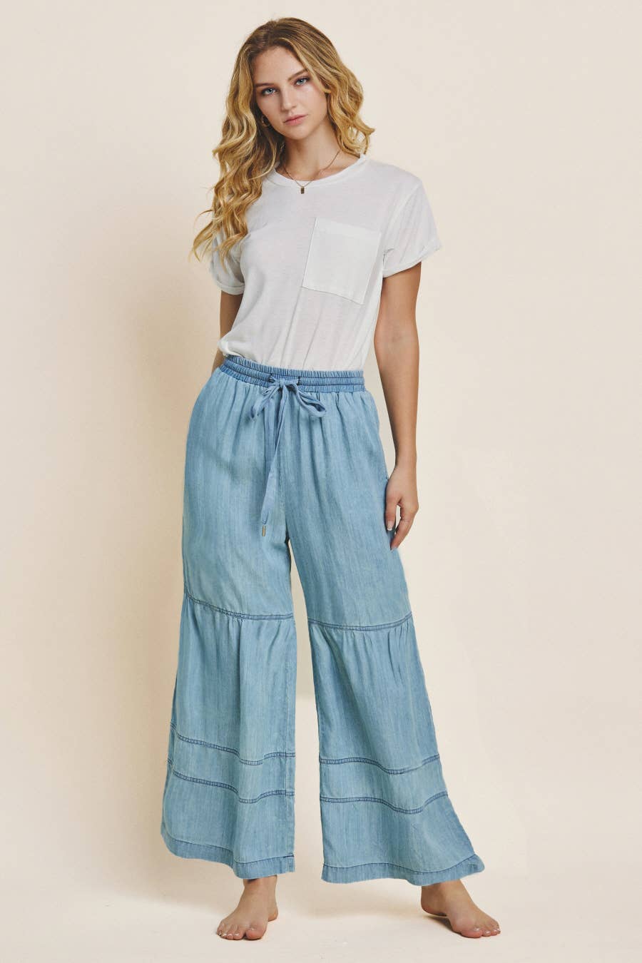 Trinity Tiered Wide Leg Pants ~ Washed Chambray