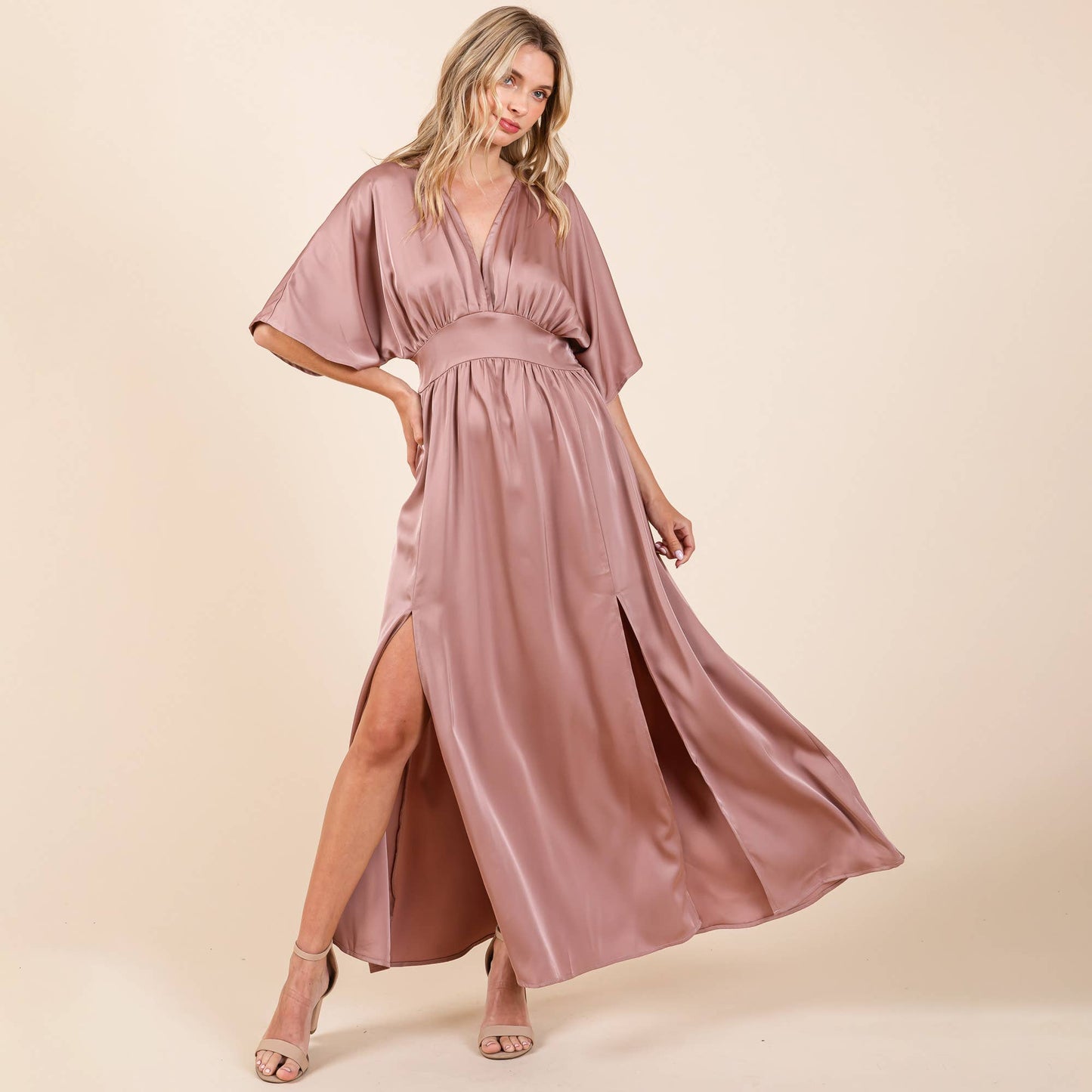 Selma Satin Kimono Maxi Dress ~ Dusty Rose