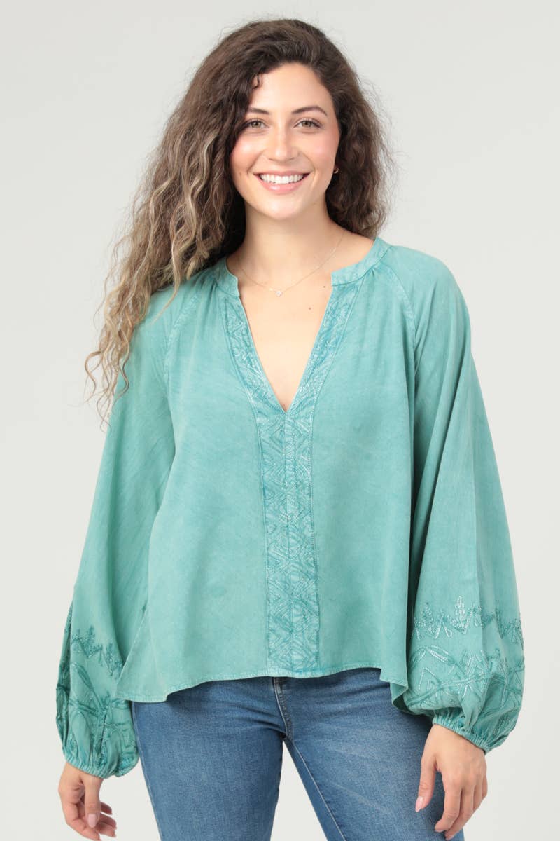 Regina V Neck Embroidered Top ~ Green