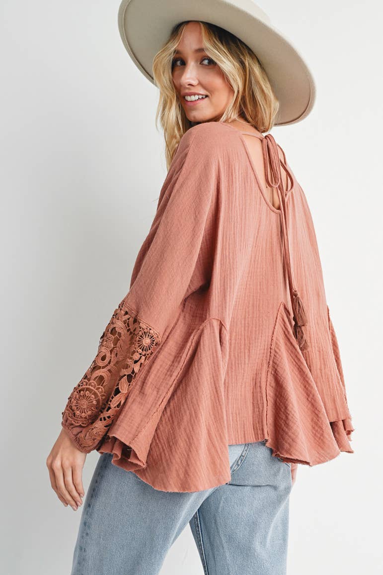 Carrie Crochet Trimmed Sleeve Top ~ Clay