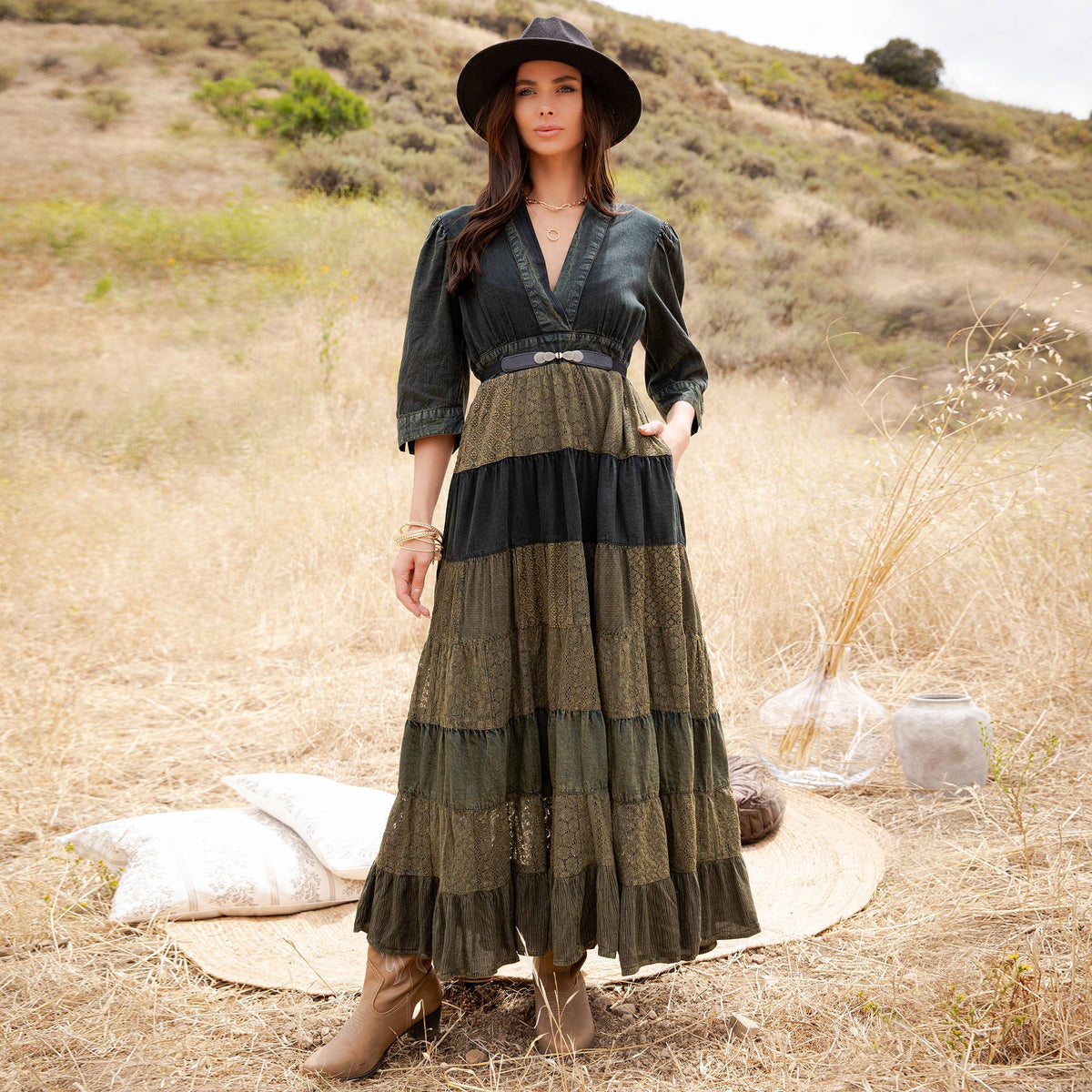 Victoria Vintage Mixed Texture Patchwork Maxi Dress ~ Basil