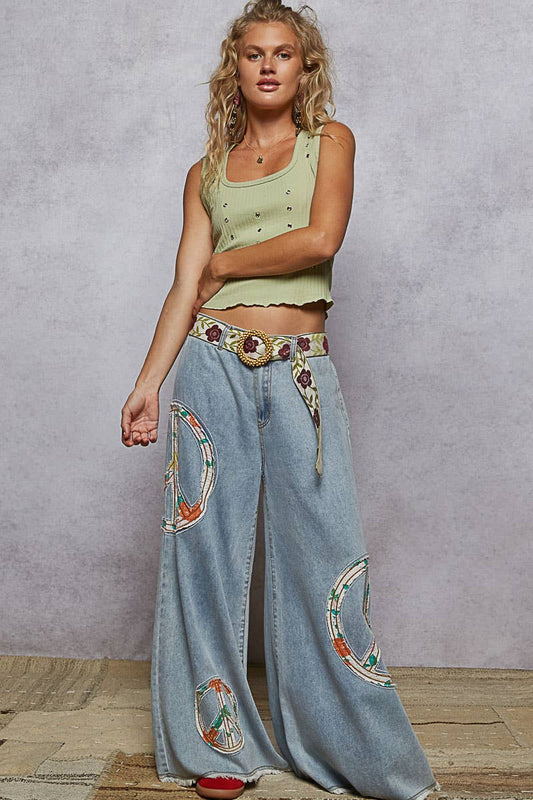 POL Piper Peace Patch Wide Pants ~ Light Denim
