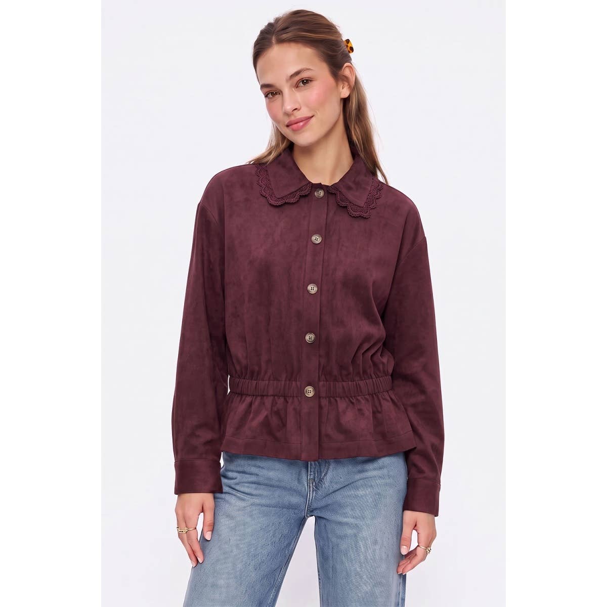 Vintage Lace Collar Soft Matte Top ~ Wine