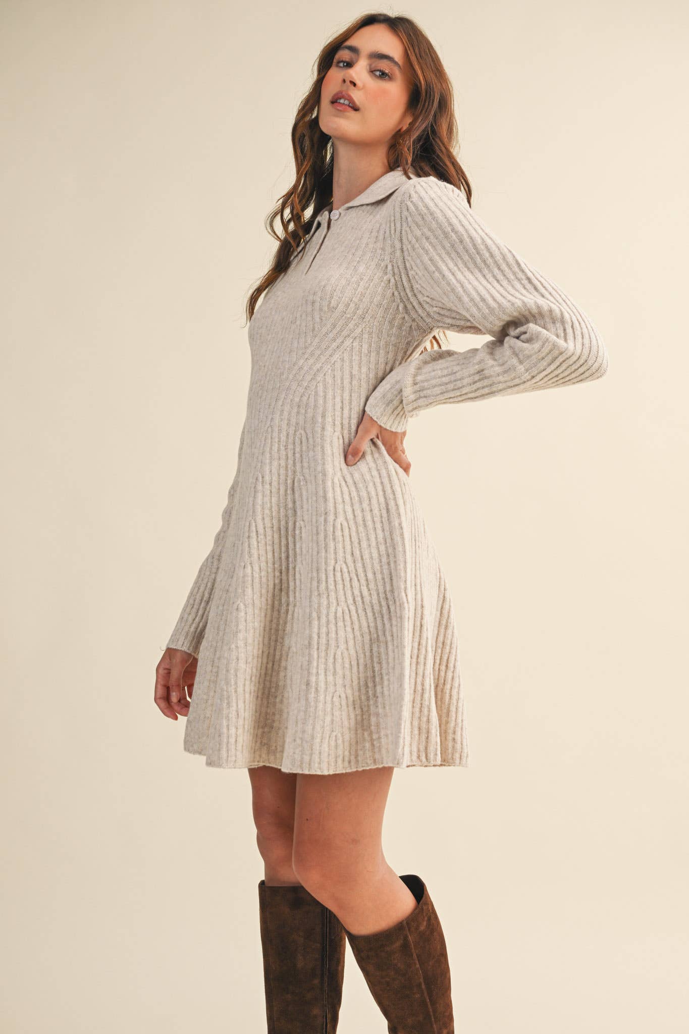 Ruby Ribbed Sweater Flared Mini Dress ~ Oatmeal