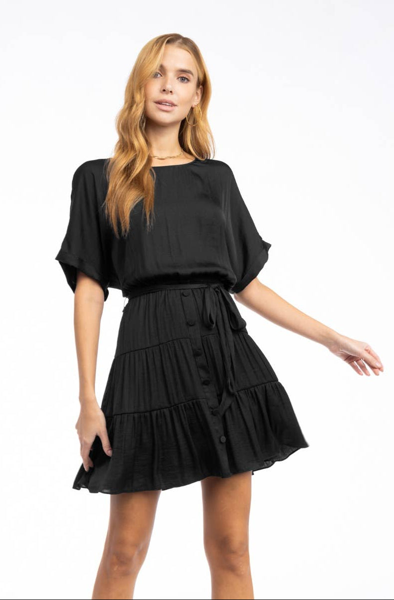 Willow Front Button Tiered Mini Dress ~ Black