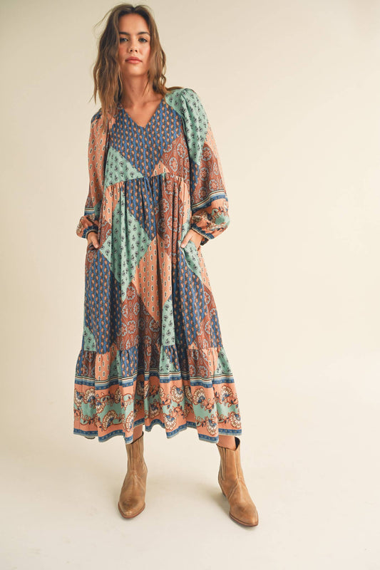 Amelia Border Print Balloon Sleeve Midi Dress ~ Multi