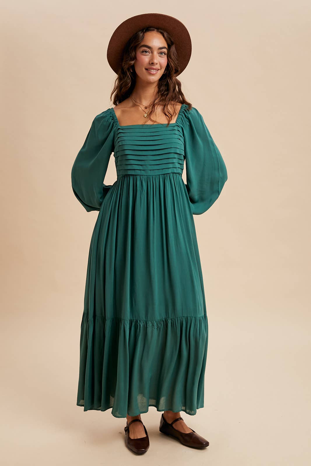 Emily Pleated Square Neck Maxi Dress ~ Evergreen
