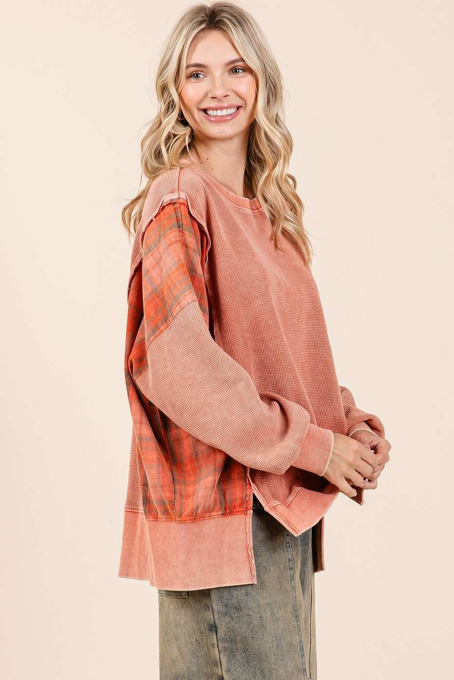 Pam Plaid Panel Mineral Wash Pullover ~ Faded Brick