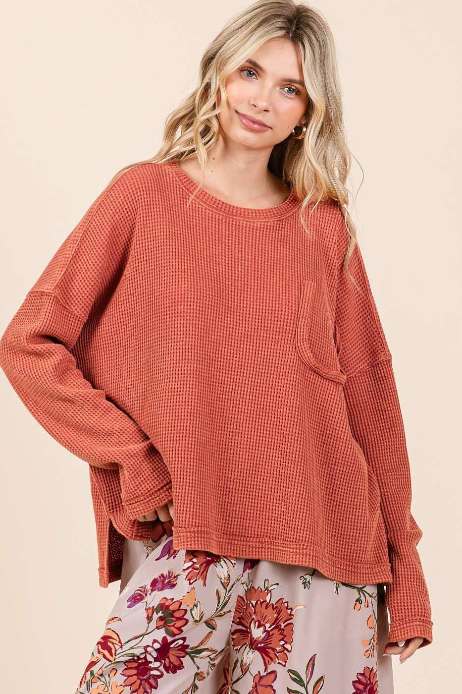 Myra Mineral Wash Cutout Pocket Waffle Top ~ Rust