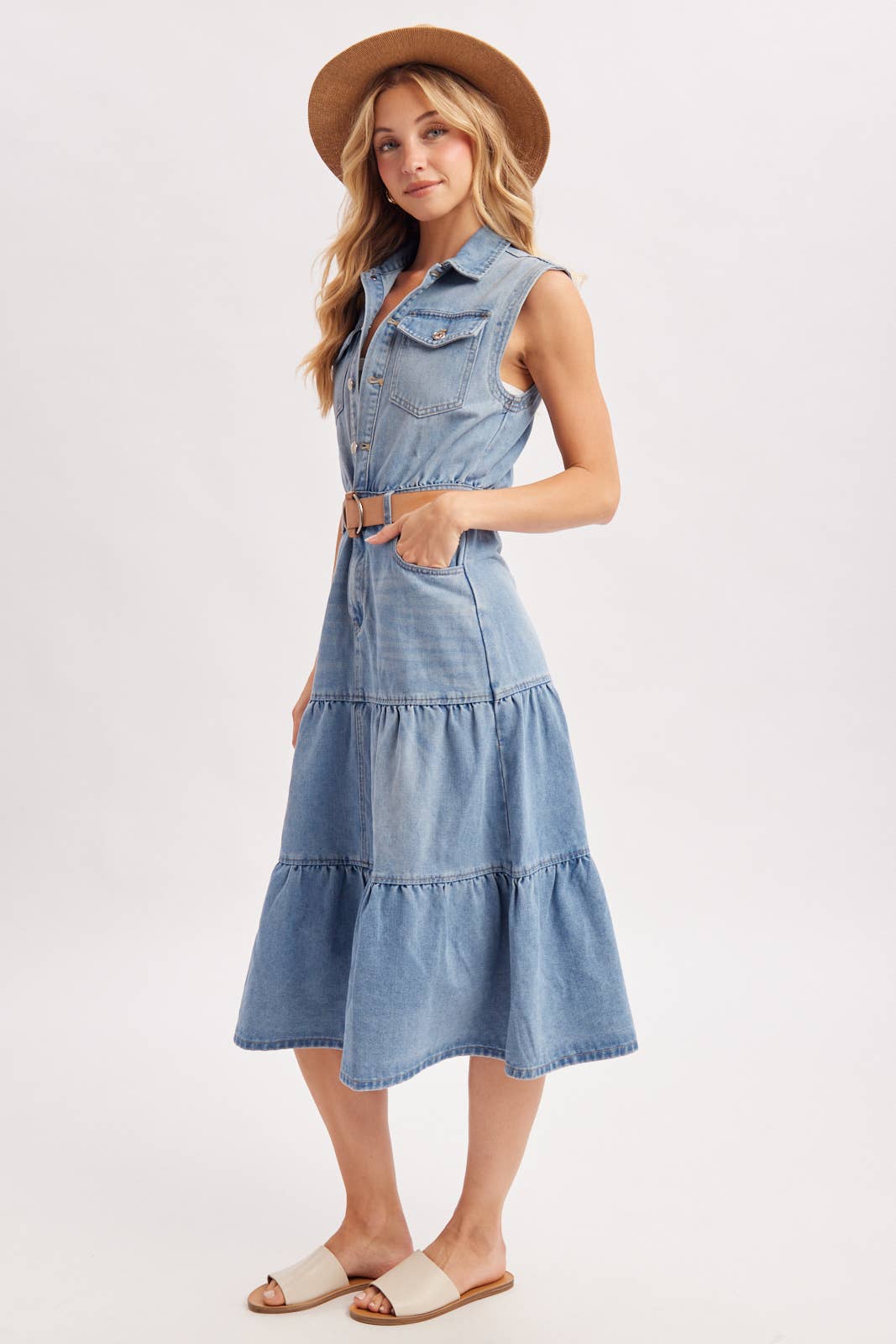 Devon Tiered Sleeveless Shirt Midi Dress ~ Light Denim