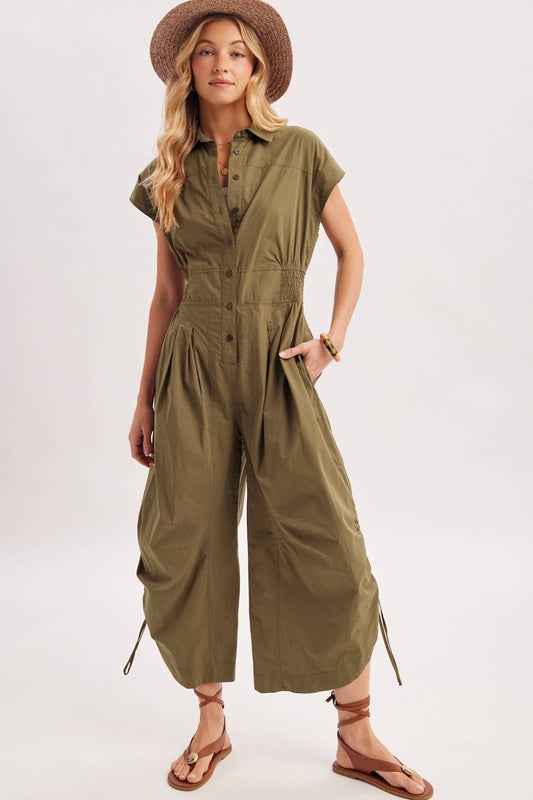 Megan Button Down Utility Jumpsuit ~ Olive