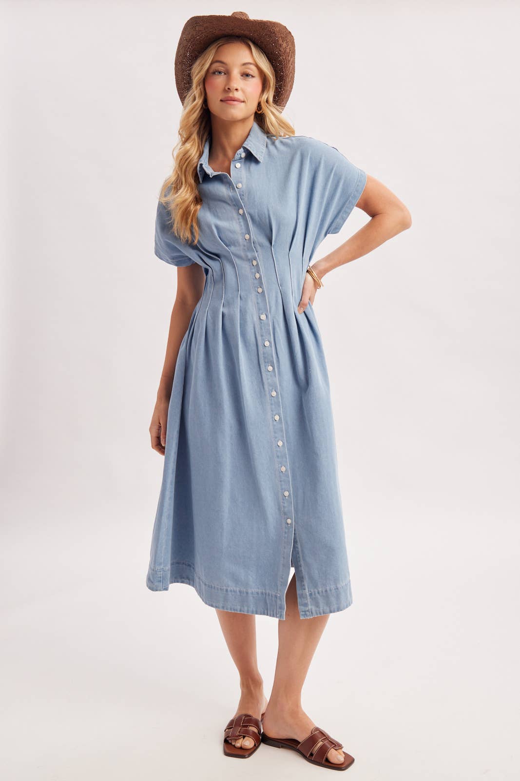 Bailey Pleated Waist Button Down Shirt Dress ~ Light Denim