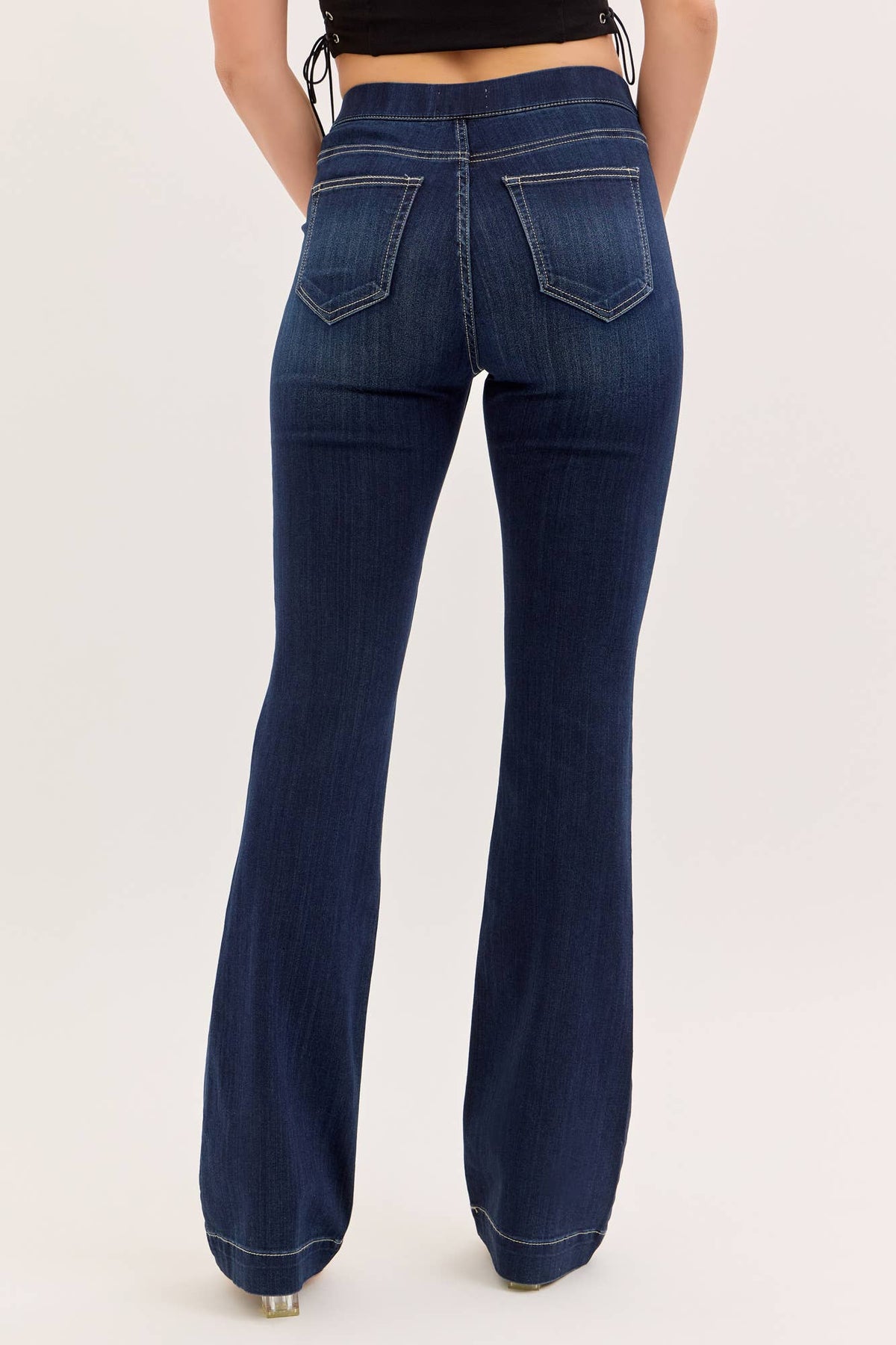 Stevie High Rise Dark Pull On Flare Jeans ~ Dark Denim