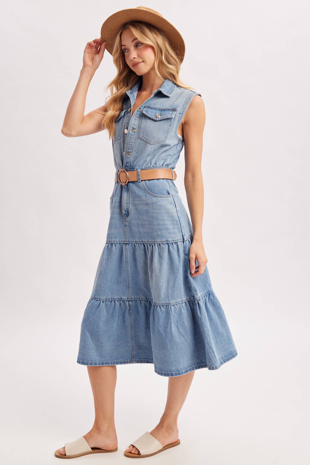 Devon Tiered Sleeveless Shirt Midi Dress ~ Light Denim