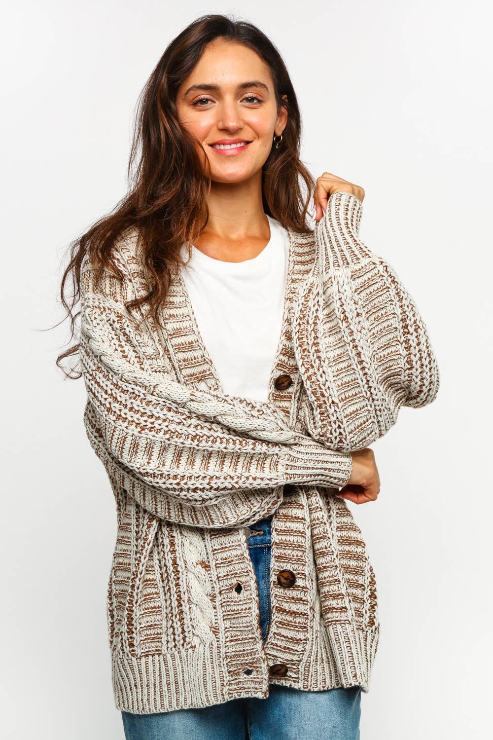 Tessa Two Tone Cable Chunky Sweater Cardigan ~ Oatmeal/Taupe