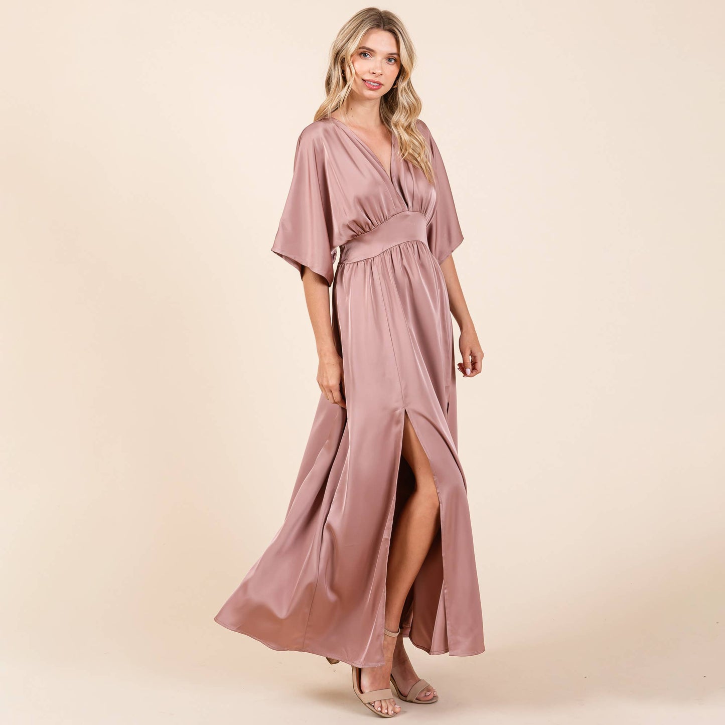 Selma Satin Kimono Maxi Dress ~ Dusty Rose