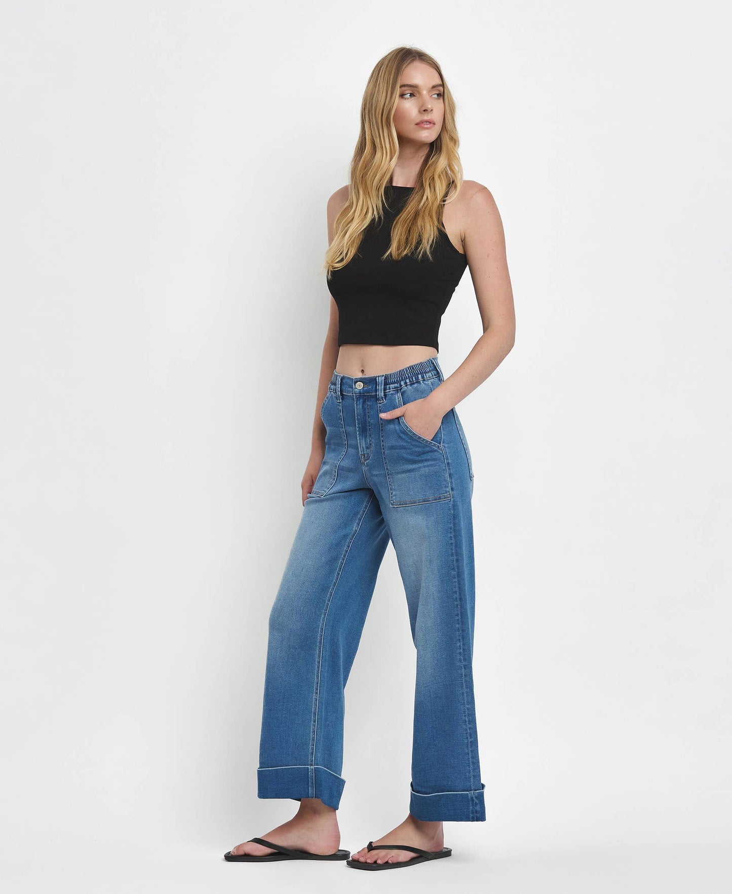 Eva High Rise Double Cuffed Baggy Wide Jeans ~ Dark Denim
