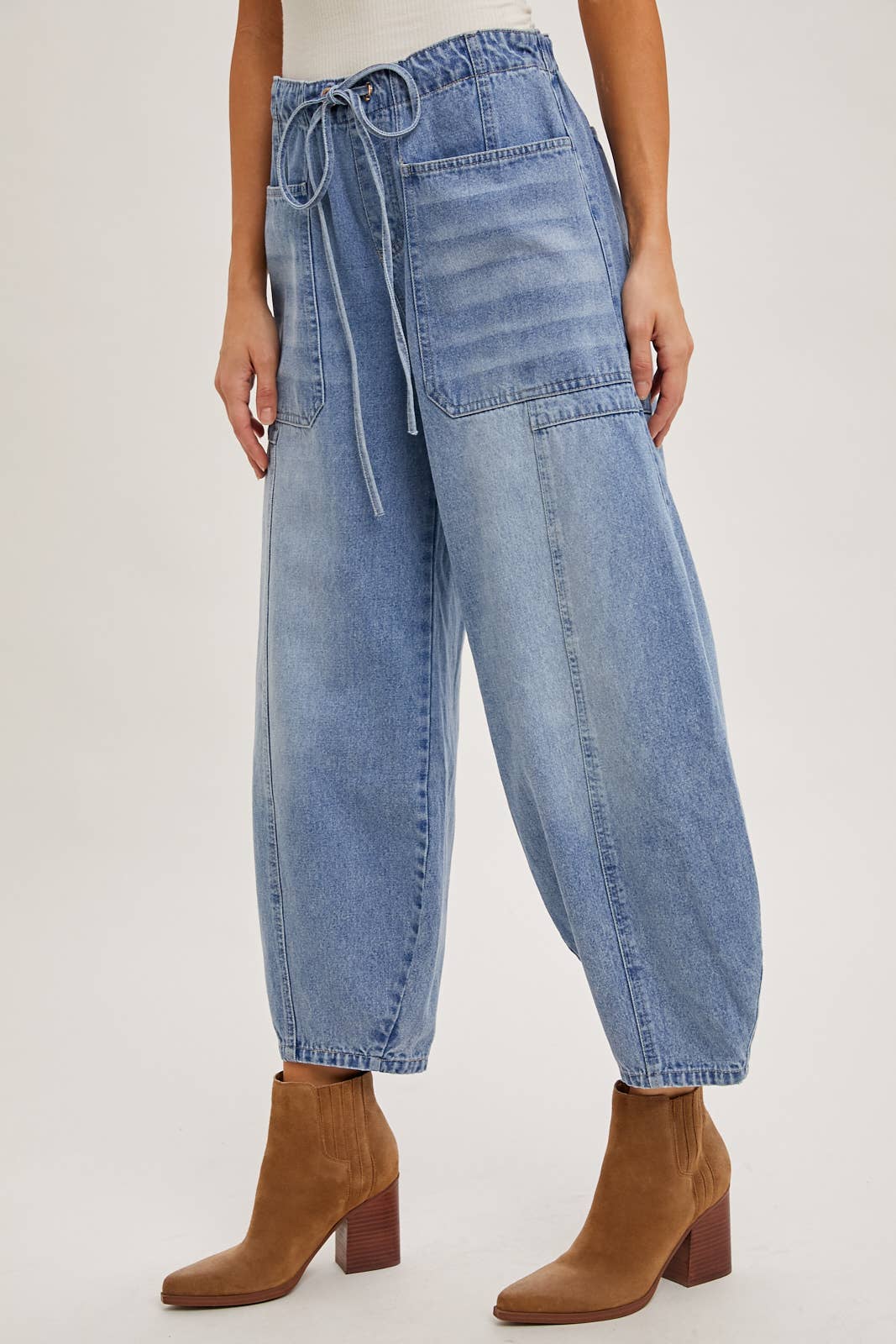 Maya Mid Rise Drawstrings Barrel Jeans ~ Light Denim