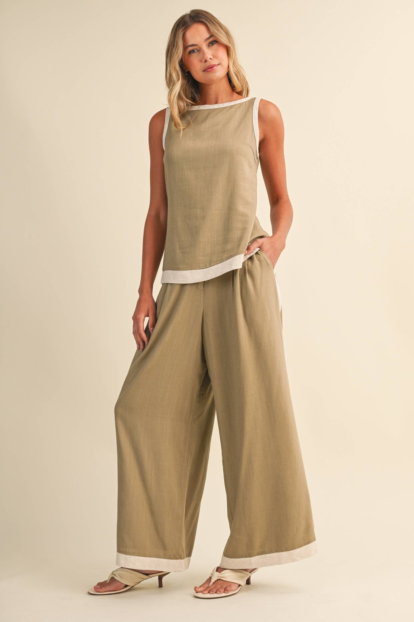 Lauren Linen Wide Leg Pants ~ Olive/Natural