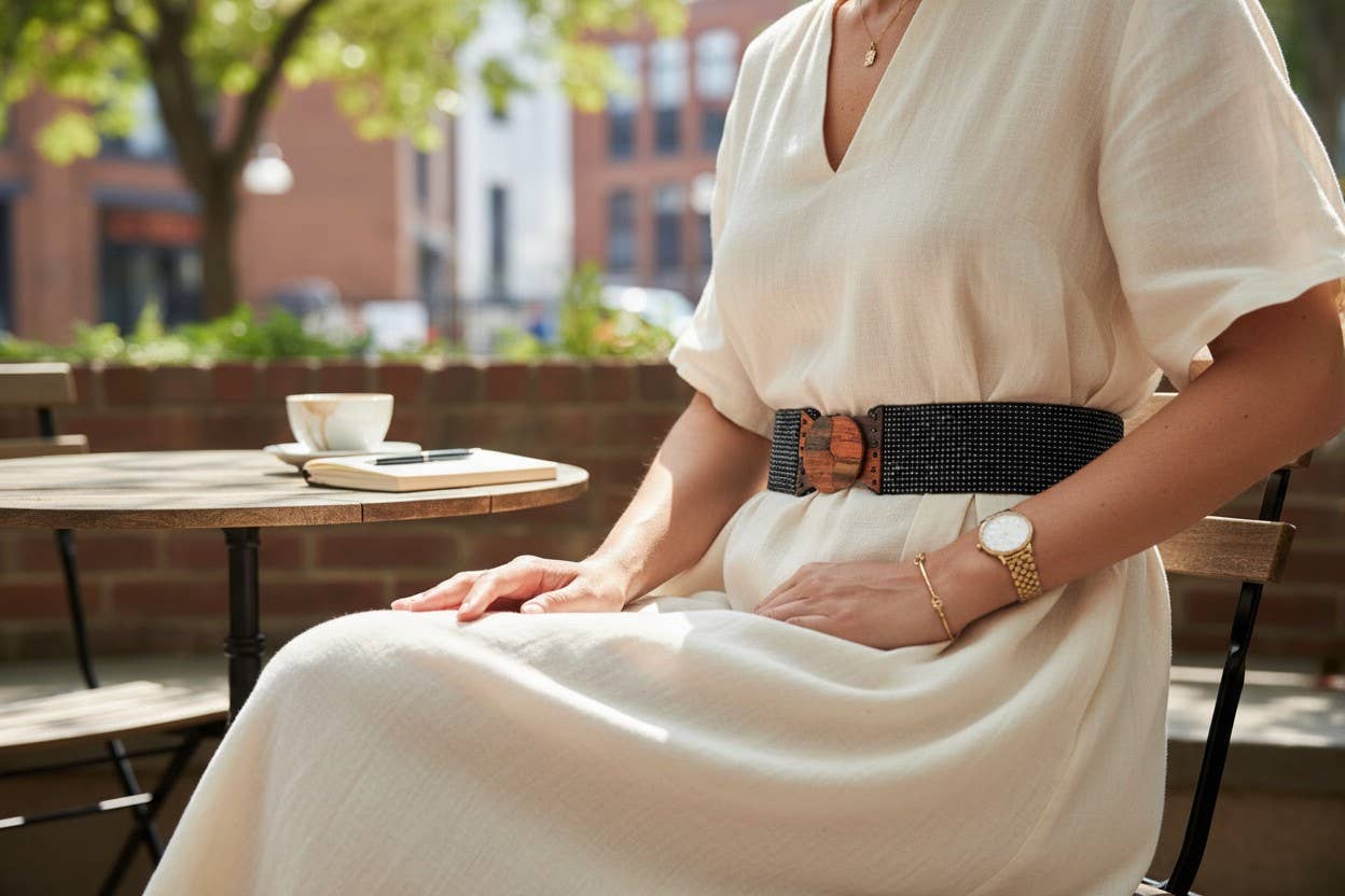 Stretchable Boho Chic Glass Beaded Belt with Wooden Buckle