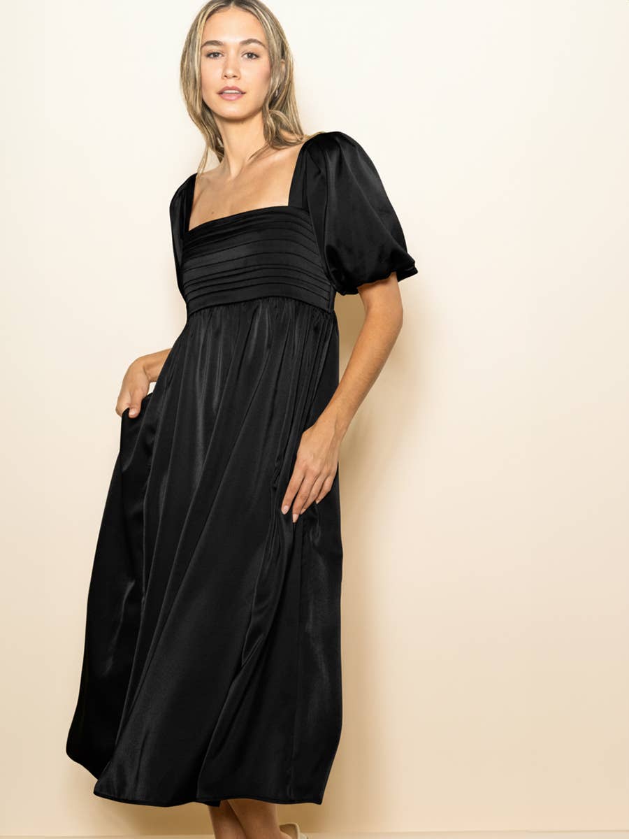 Riley Ruching Pleated Matte Satin Midi Dress ~ Black