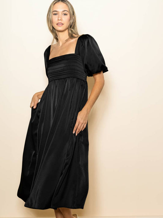 Riley Ruching Pleated Matte Satin Midi Dress ~ Black