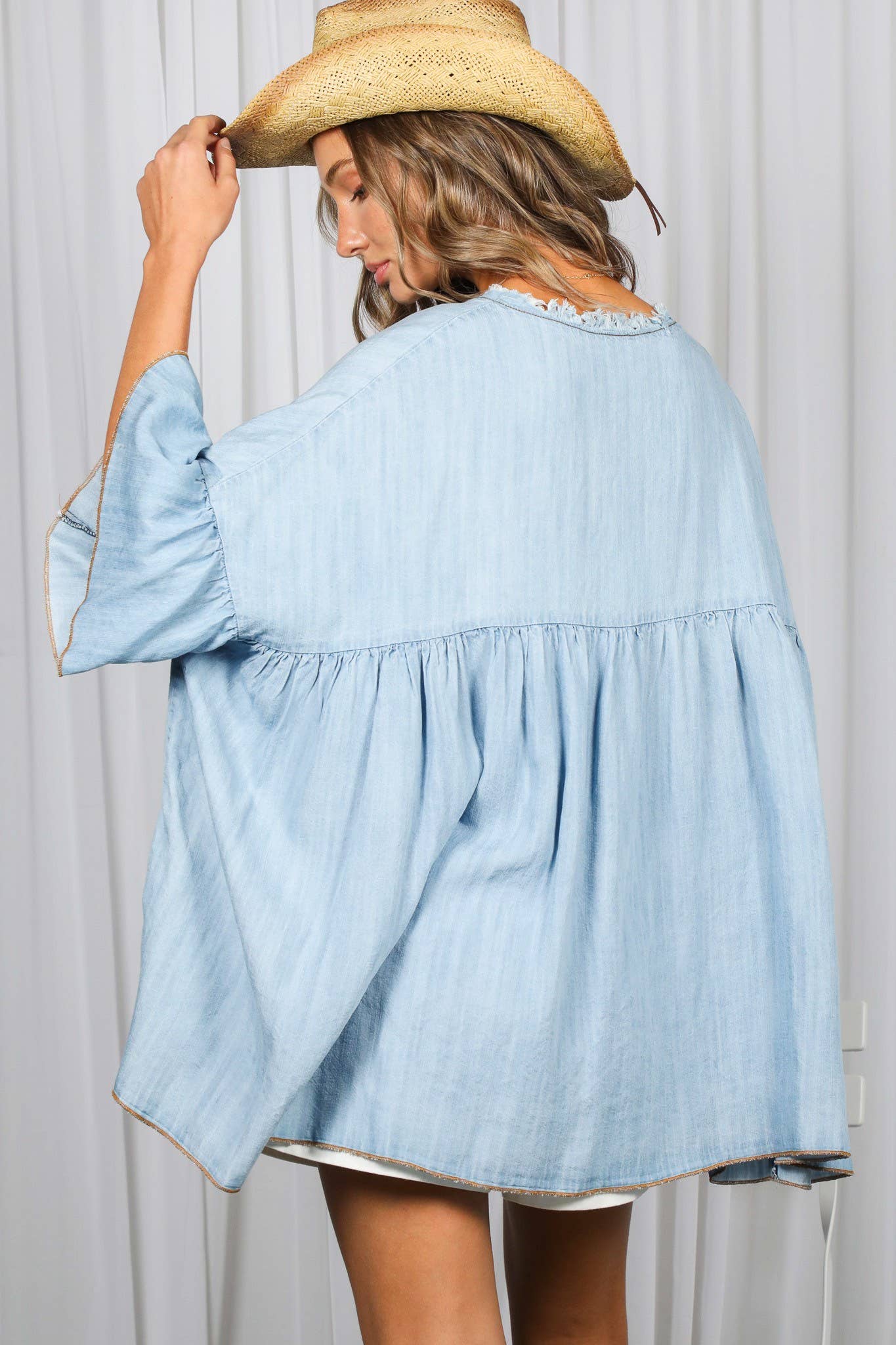 Tia V-Neck Ruffled Tencel Chambray Loose Top ~ Light Denim