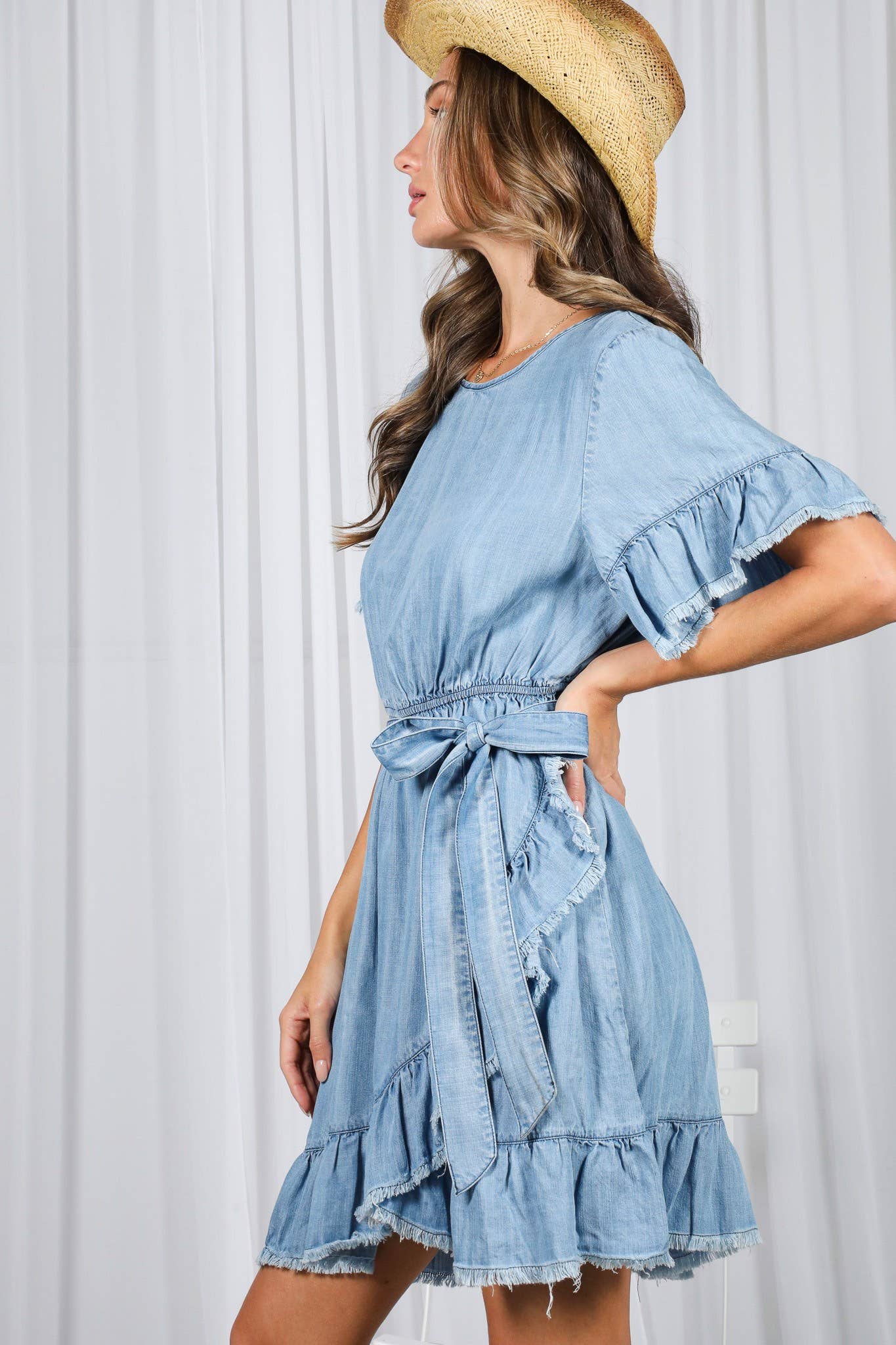 Roslyn Ruffle Frayed Hem Wrap Dress Tencel ~  Chambray