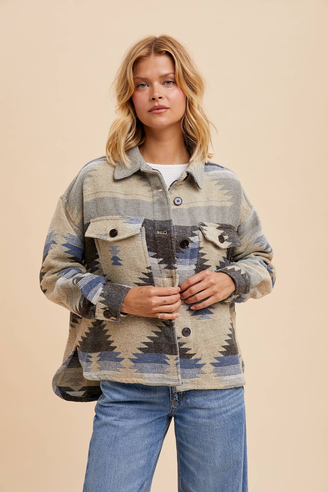 Avery Aztec Print Shacket ~ Indigo Beige